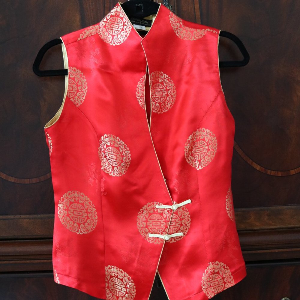 Oriental Asian Silk Red and Gold high neck top